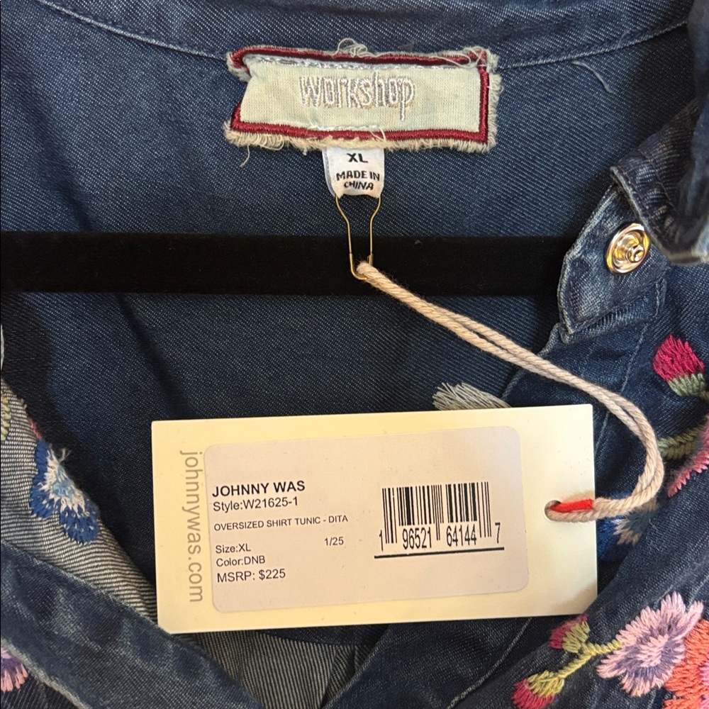 Johnny Was Blue Denim Shirt with Floral Embroidery NWT - Picture 2 of 6
